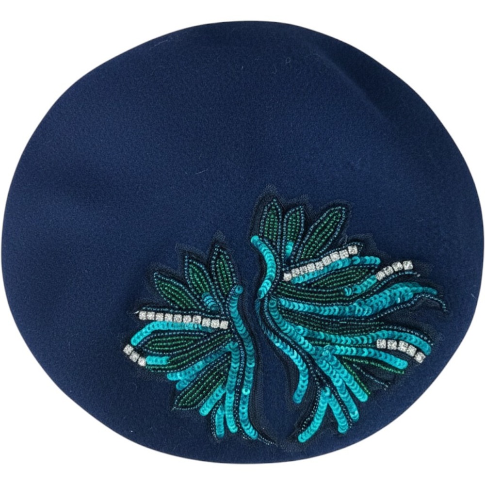Complit Uno Alla Volta Navy Wool Beret Beaded‎ Teal Green Made in Italy Hat
